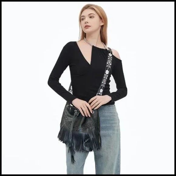 Vegan Leather Hobo Bag Fringe Tassel Western Boho Crossbody Shoulder Purse - Picture 3 of 7